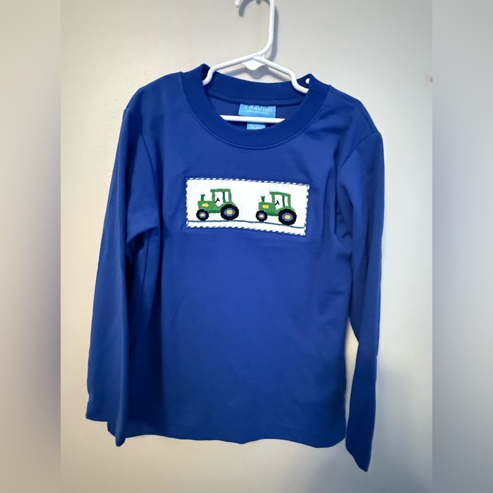 Anavini Blue Long Sleeve Smocked Tractor Shirt